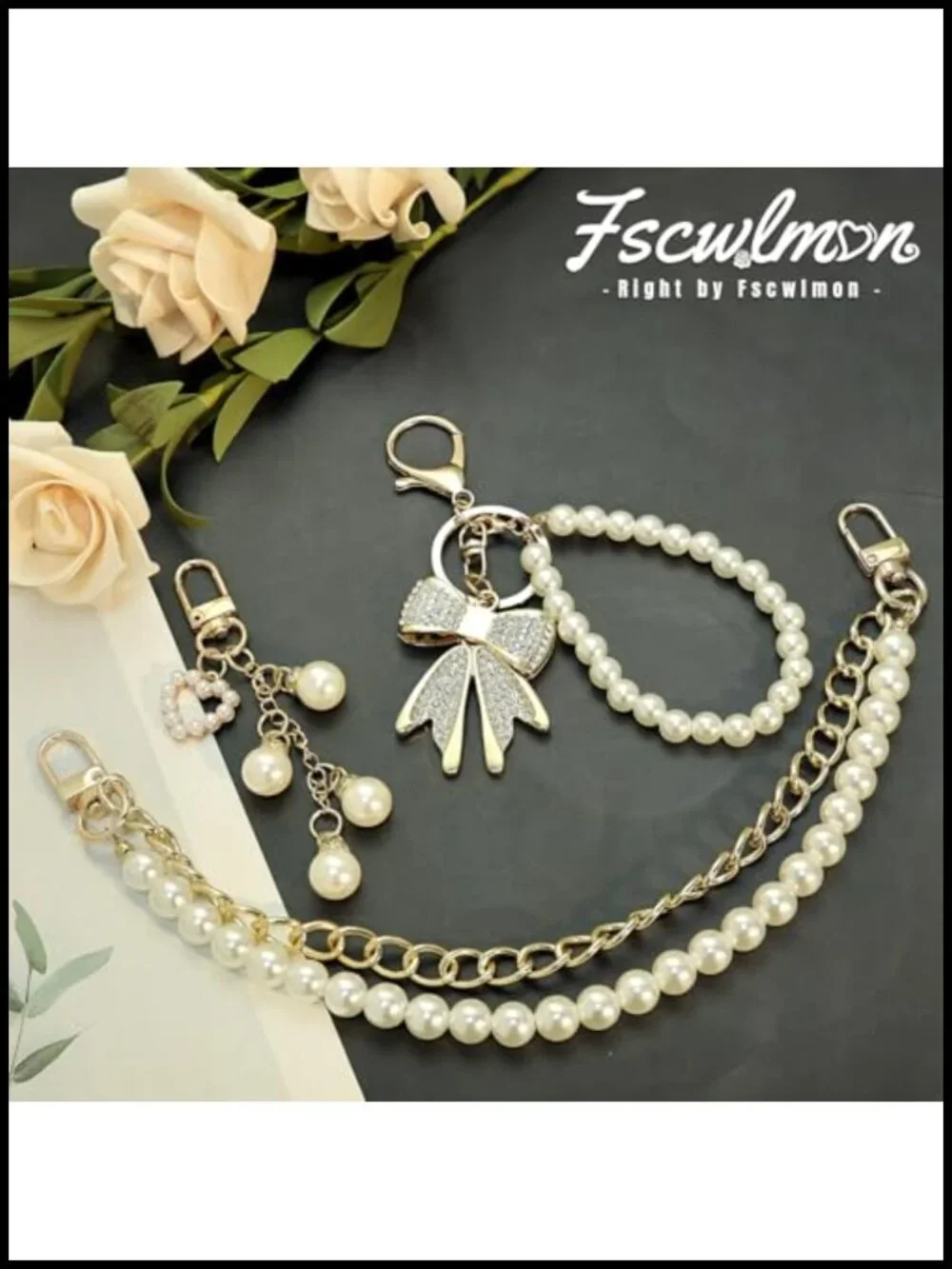 3 Pcs Leopard Pearl Bow Bag Charms Purse Straps Extender Chain Set